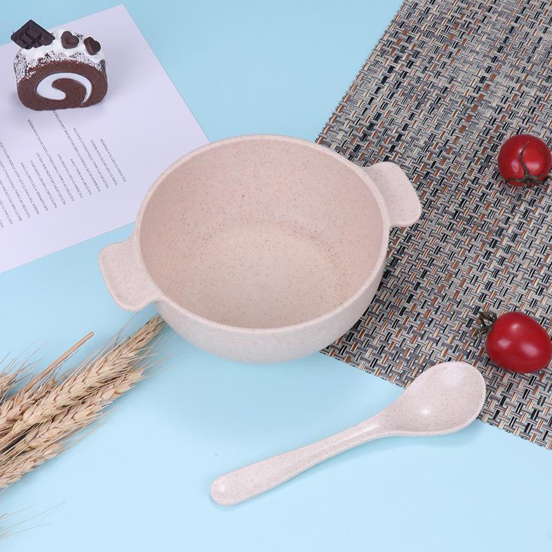 Dětská pšeničná jídelní sada: Miska s dvojitými uchy a lžíce odolné proti pádu a s tepelnou izolací