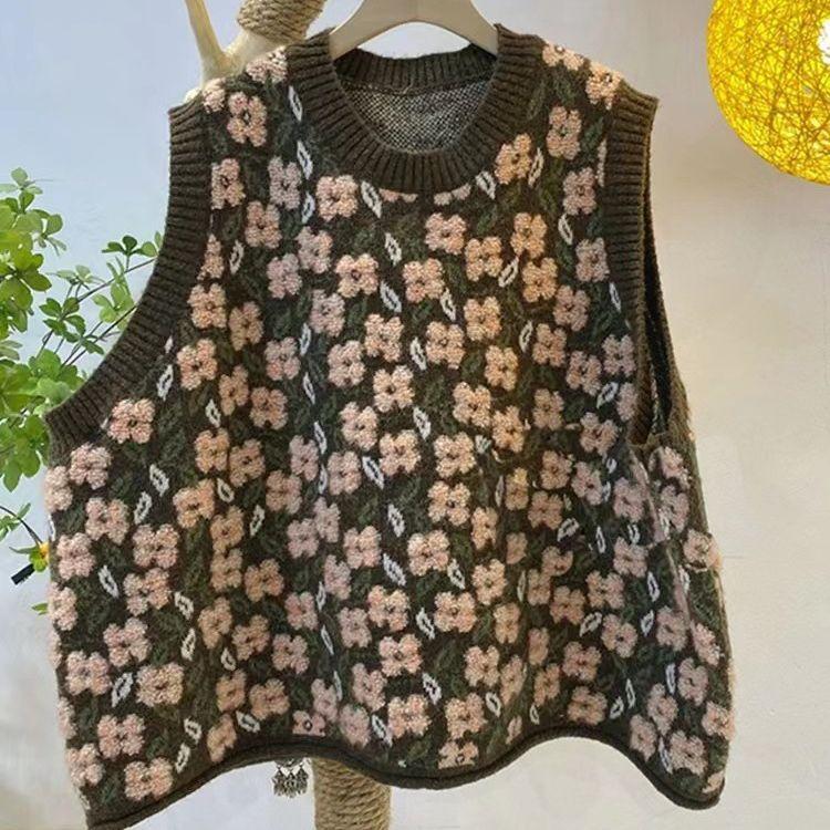 

Розовый зеленый модный корейский стиль розовый персиковый цвет вязаный жилет женский модный свитер с цветочной вышивкой жилет пуловер с круглым вырезом трикотаж one size
