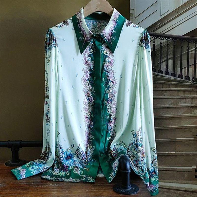 

New Autumn Style Retro Printed Lapel Button Loose Fashionable High-end Long-sleeved Shirt S зелёный