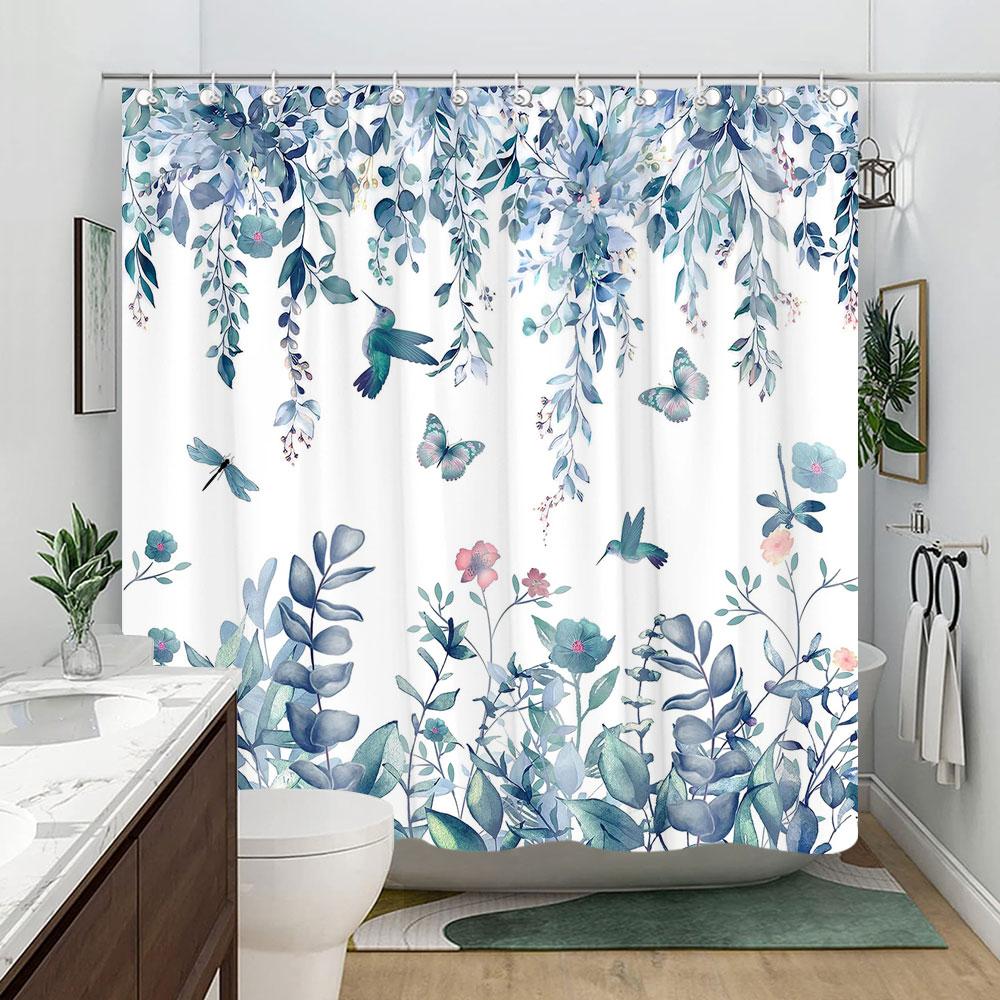 Sage Green Eucalyptus Leaves Shower Curtain Floral Flower Bird Shower Curtains Hummingbird Butterfly Modern Aesthetic Bath Decor
