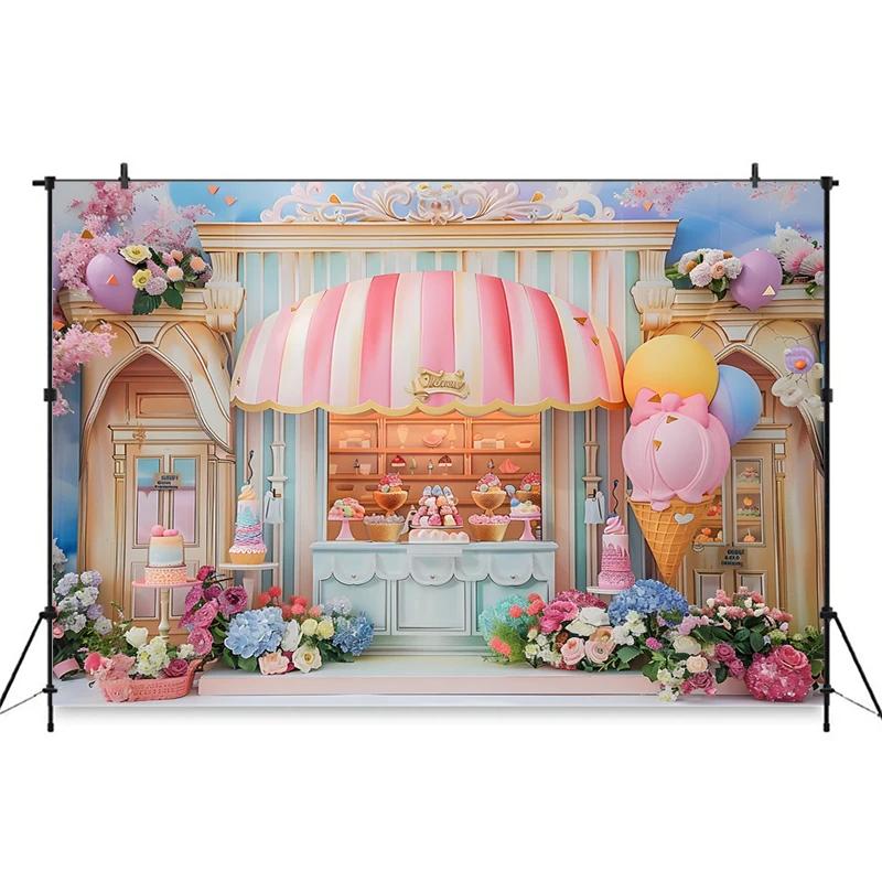Ice Cream Backdrop For Photography Cake Crush Dessert Shop Balloon Flower Background Wedding Birthday Party Decoration Backdrops