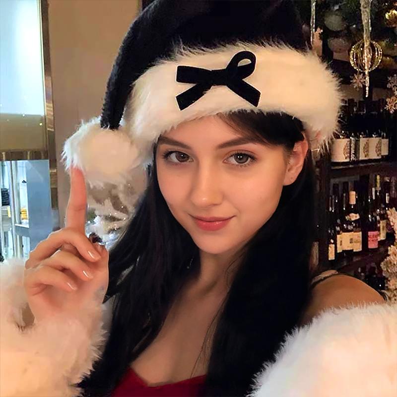 Christmas Hat Plush Bow Santa Hat Red Black Christmas Hat Headwear Beanie Xmas 2025 New Year Festive Party Supplies