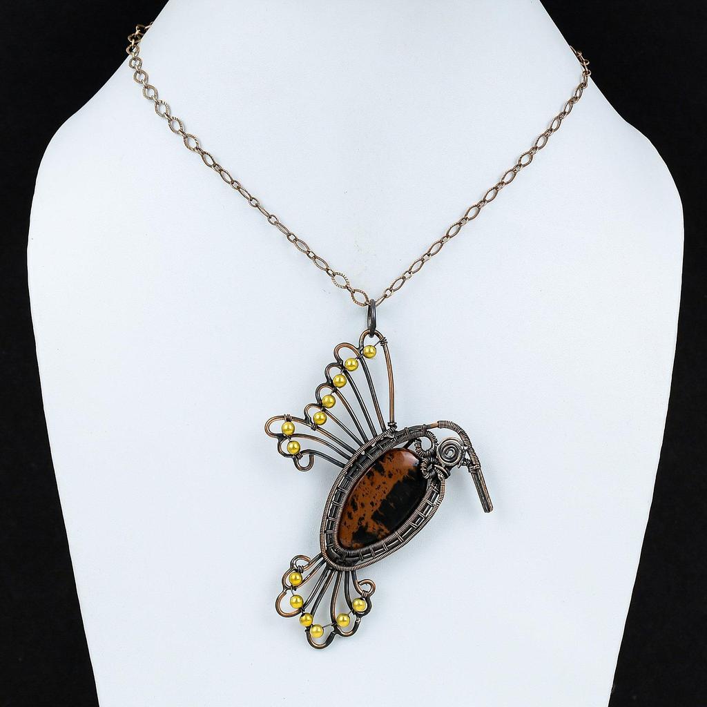 Mahagoni Obsidian Anhänger Kupferdraht umwickelter Anhänger Antik Kupferschmuck Handgefertigt Eleganter Anhänger Edelsteinschmuck Zum Geschenk Vogelanhänger