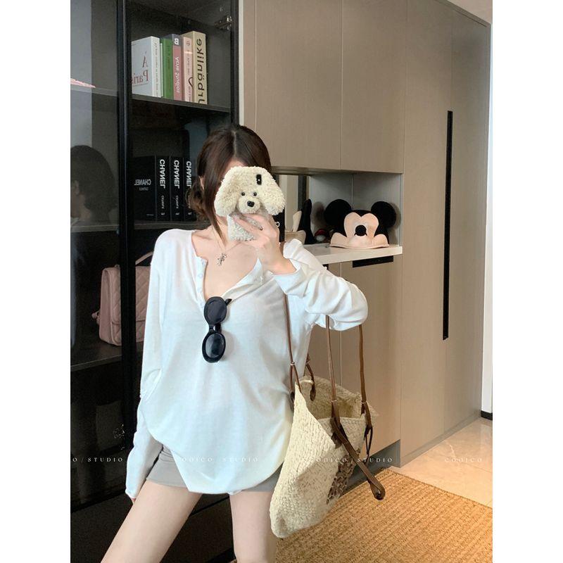 Kumikumi Idle Style Design Single-Breasted Long sleeves Shirt Women Early Autumn Loose All-Match Solid Slimming Top