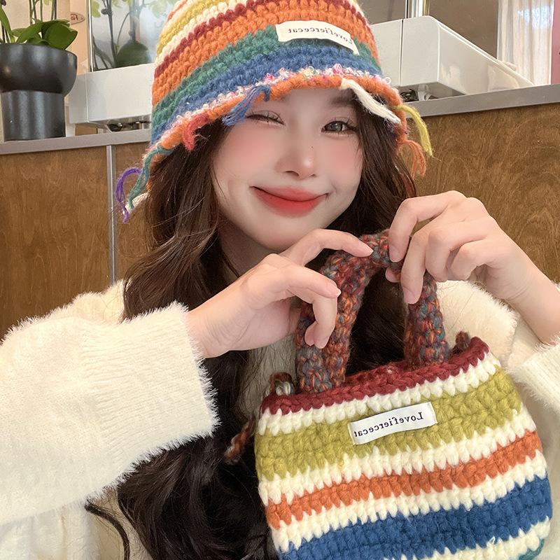 Retro Dopamine Colored Wool Hat Autumn and Winter Warm Knitted Hat Striped Korean Version Versatile Pile Hat Ear Protection Basin Hat