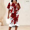 Women Plus Size Two Piece Set Round Neck Batwing Sleeve Ruffle Hem Top Fishtail Skirt American Flag Printed Red Blue White