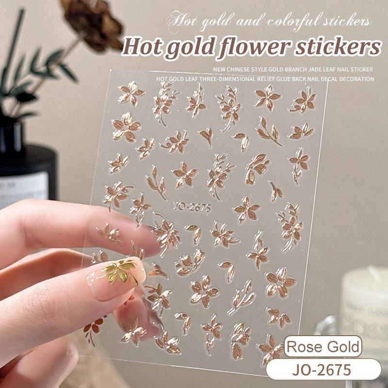 

1 лист 3D наклейки для дизайна ногтей с розовым золотом, ультратонкие самоклеящиеся наклейки золотого цвета для самостоятельного маникюра JO-2675 розового золота