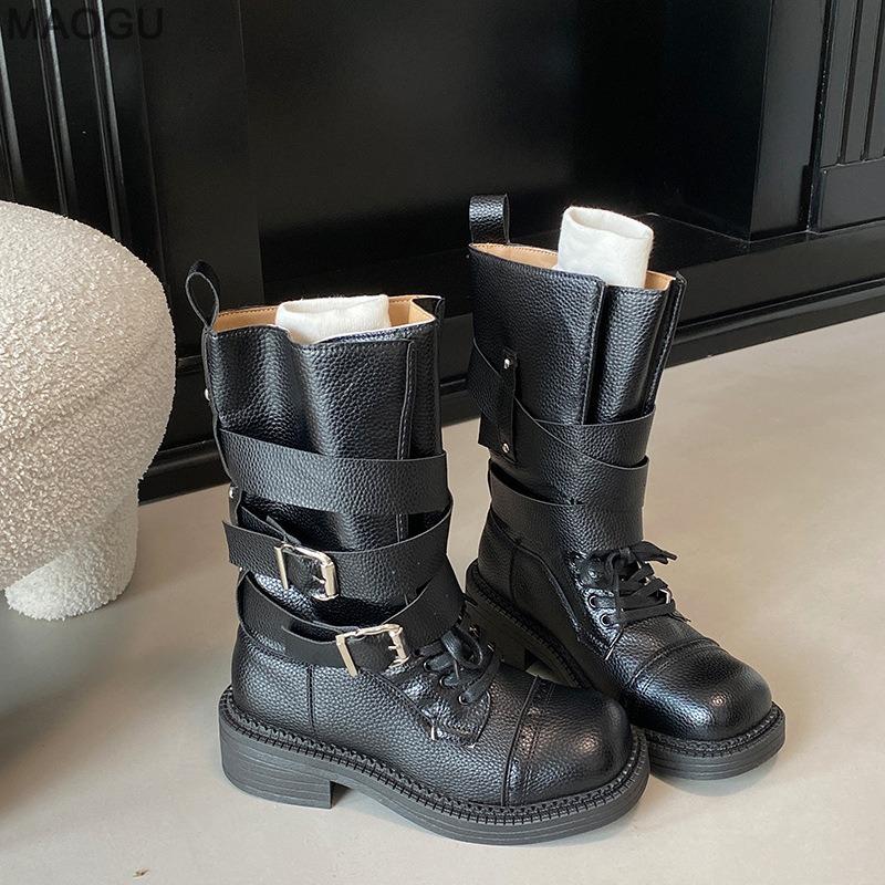 British Style Women's Soft Leather Riding Boots Belt Buckle Platform Chunky High Heel Mid-Calf Retro Brown Boots Bottes Femmes