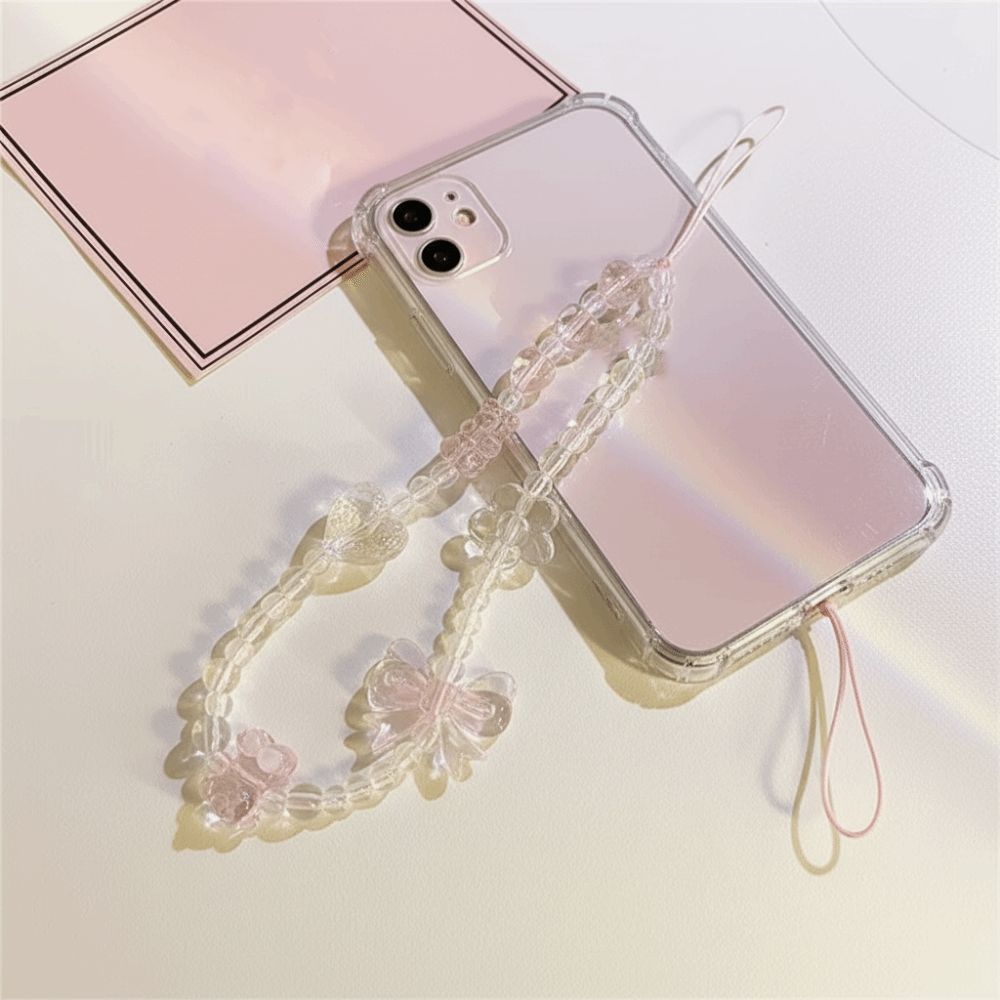 Korean Pink Bear Cellphone Lanyard Keychain Beads Chain Key Chain Phone Strap Charm Chain Butterfly Flower Bag Camera Pendant