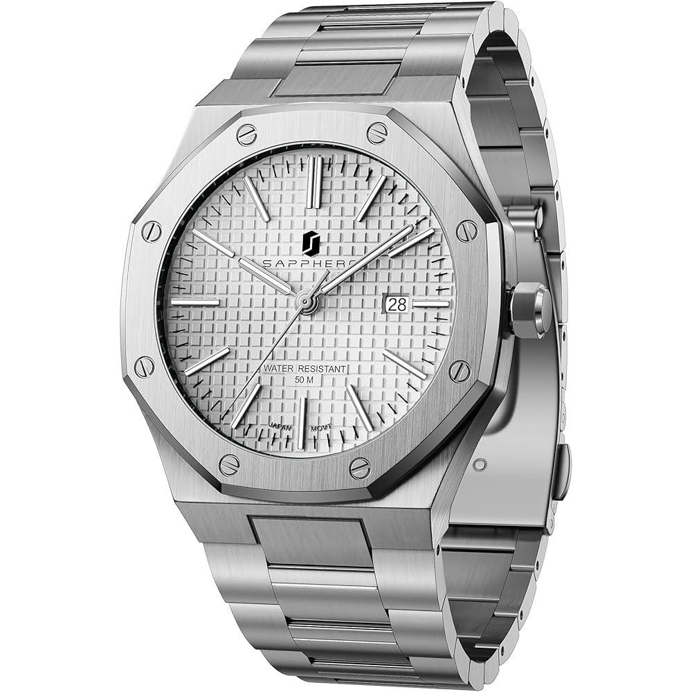 SAPPHERO Men s Chronograph Watch Stainless Steel 50M Waterproof Analog Date Display Silver White