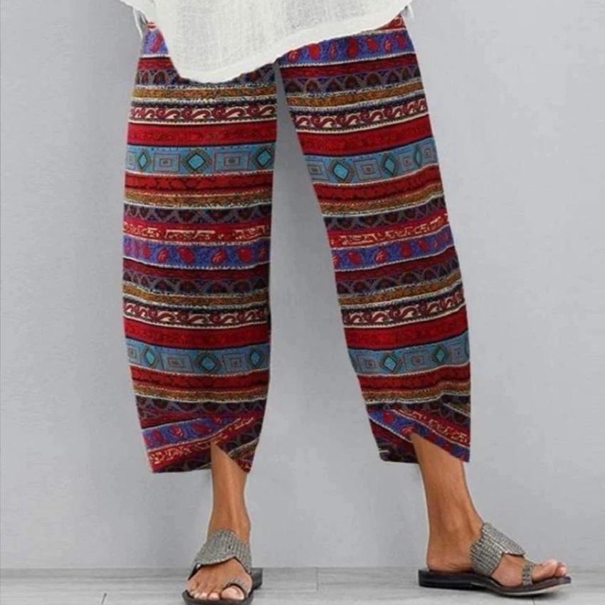 Women's Printed Elastic Waist Capri Pants Cropped Trousers