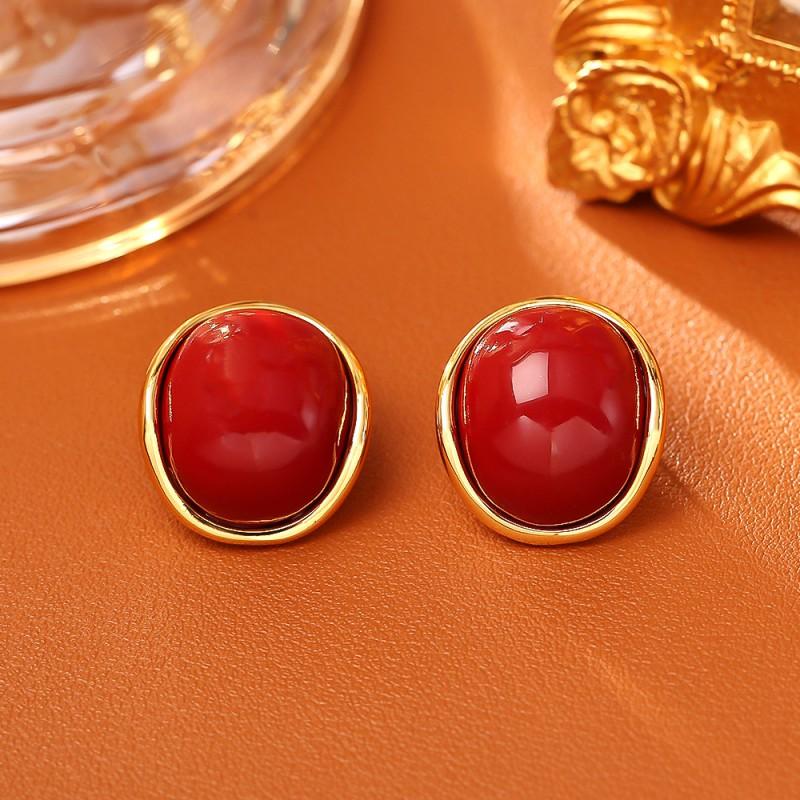 Elegant Oval Stud Earrings Women Vintage French Style Minimalist Jewelry With Post Real Gold Plating