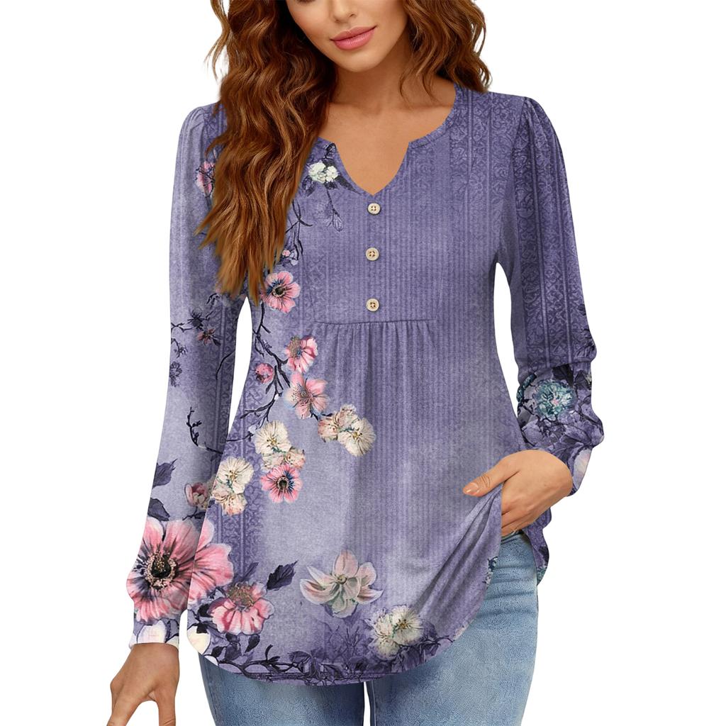 Γυναικείο Χαλαρό, V-λαιμόκοψη, Ρετρό Χρώμα, Μπλοκ με Φλοράλ Σχέδιο, Μακρυμάνικο Πουλόβερ T-shirt