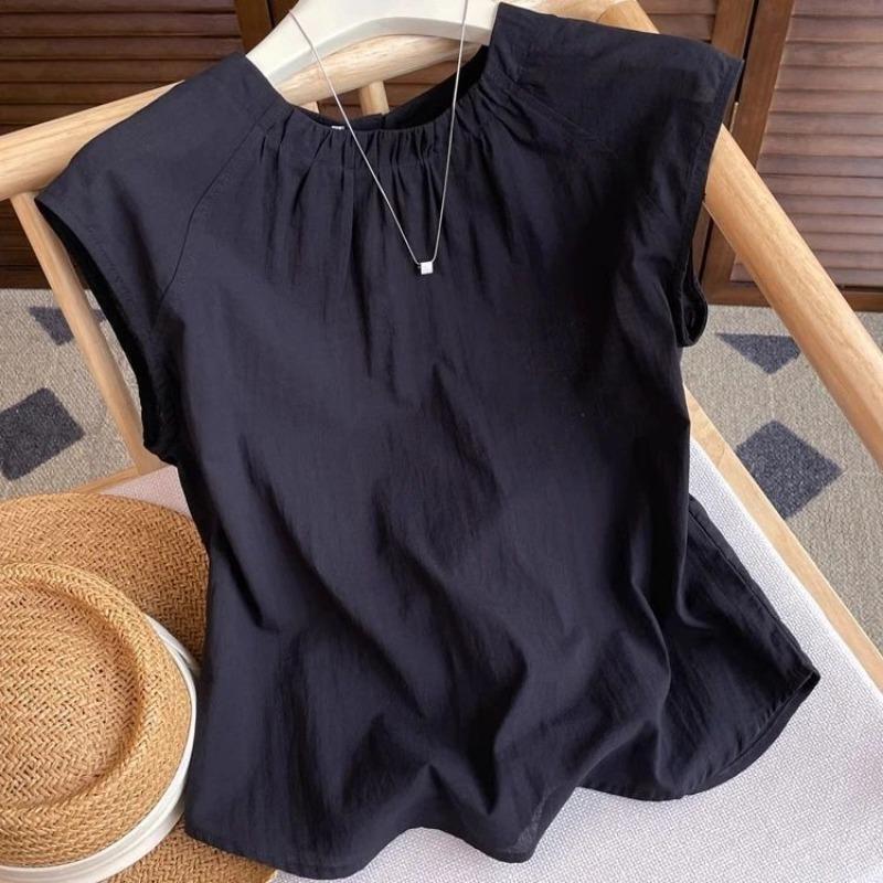 Women Black Ruched Round Neck Cap Sleeve Loose Blouse M