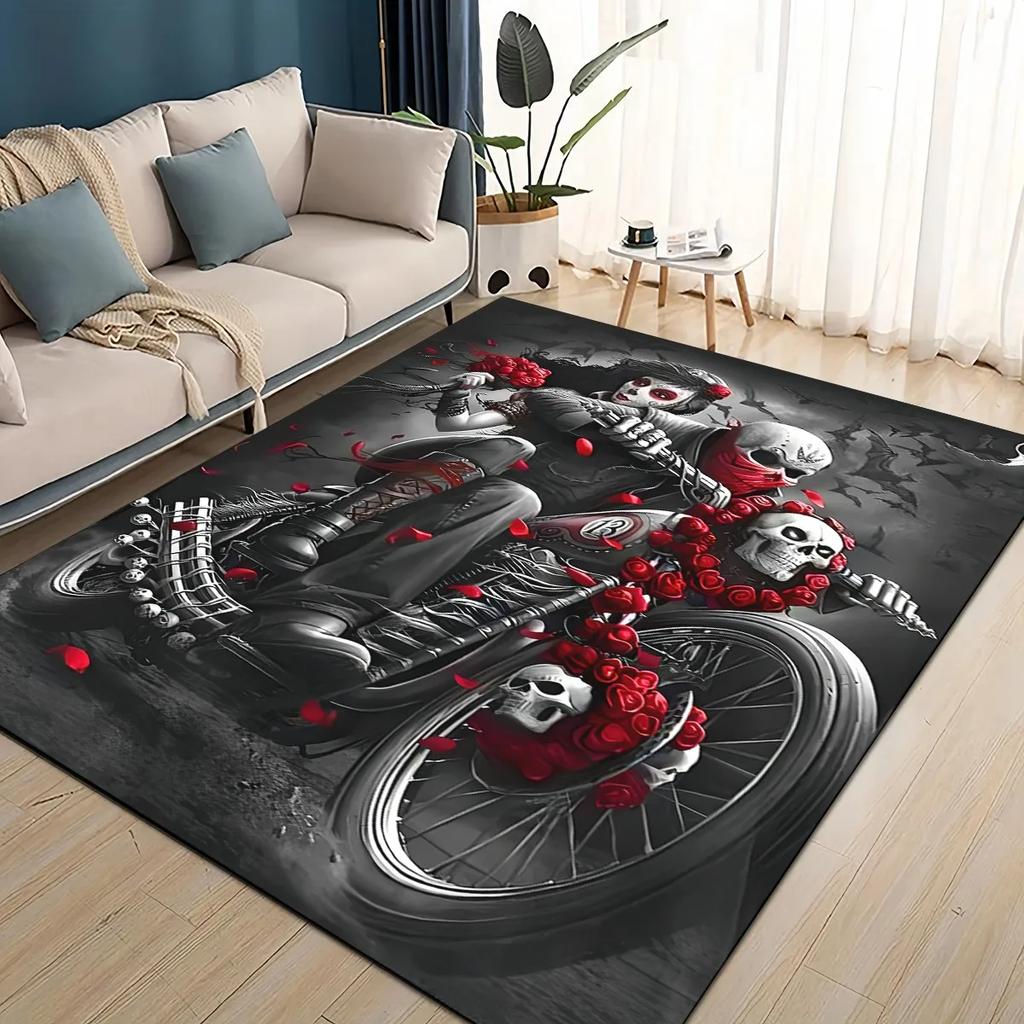 Covor Rug 3D Craniu Gotic Față Trandafir Femeie Desen Animat Groaznic pentru Sufragerie Dormitor Casă Decor Canapea, Covoraș de Podea Antiderapant pentru Copii