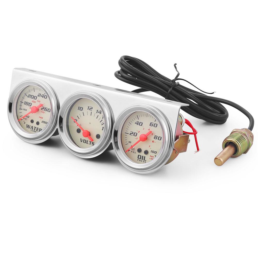 Zestaw potrójnych wskaźników 2-calowy chromowany panel temperatura wody Fahrenheit/Celsjusz woltomierz wskaźnik ciśnienia oleju PSI/kpa biała tarcza żółte światło