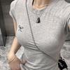 Korean Style Color Block Slim Fit T-Shirt with Bow Neck and Embroidery