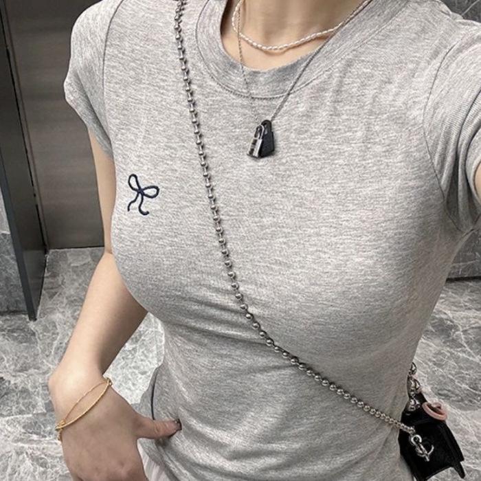 Korean Style Color Block Slim Fit T-Shirt with Bow Neck and Embroidery