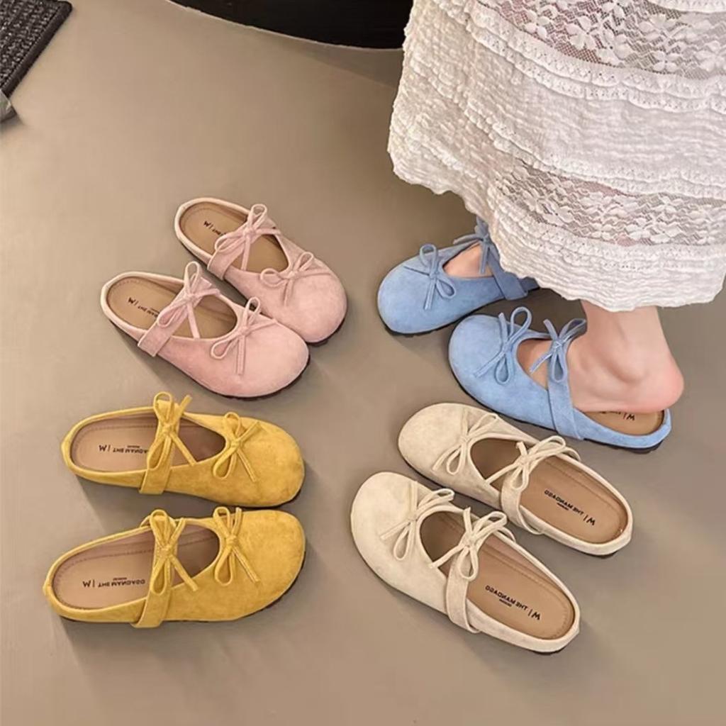 Double Bow Bag Head Slippers Women's 2025 Autumn New Fashion Casual Suede Flat Bottom Solid Color Half Drag Women