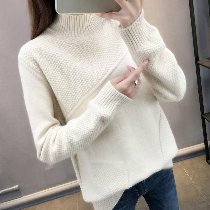 Solid-color Knitted Sweater Loose Half Turtleneck Sweater for Women Casual and Trendy Pullover for Autumn and Winter