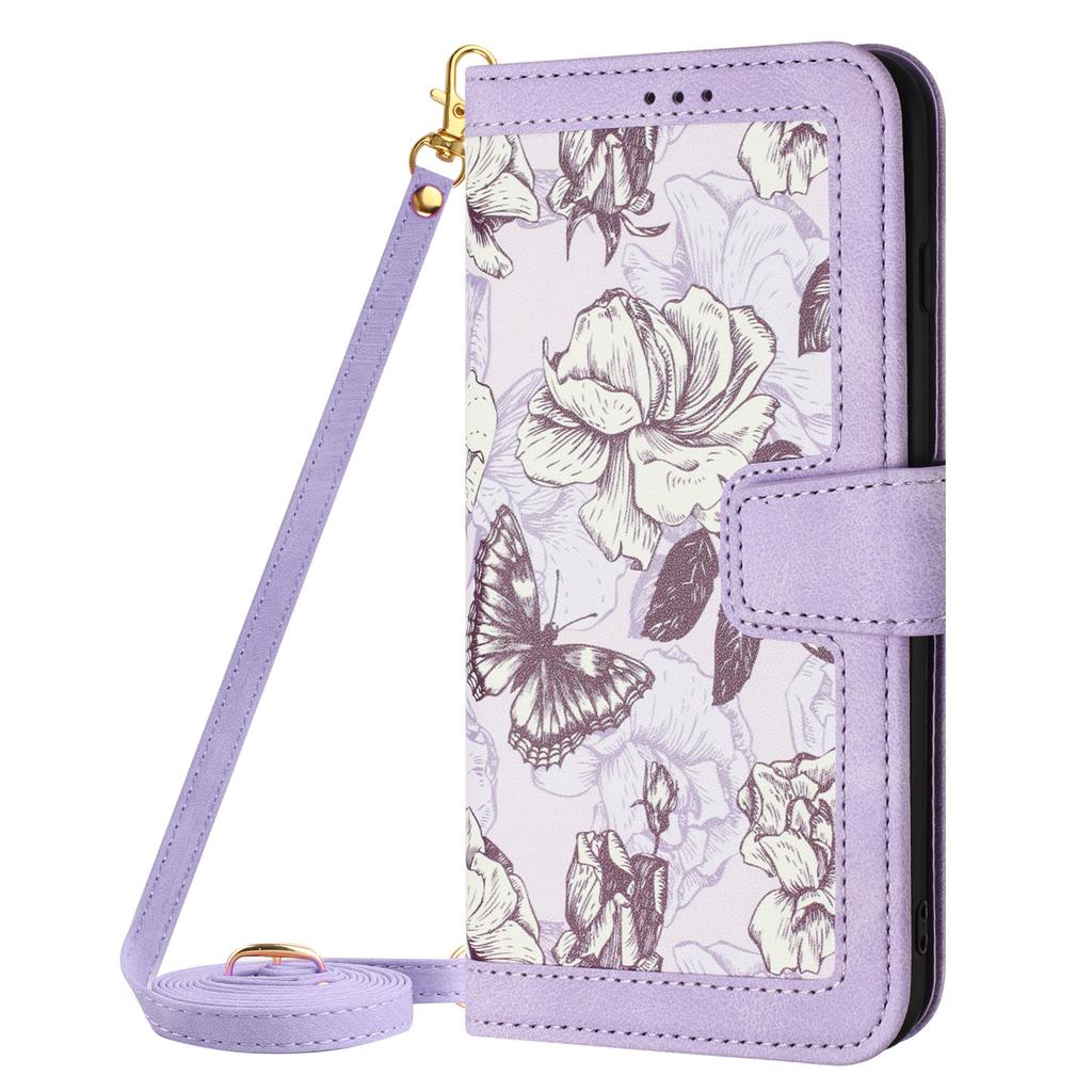 Custodia Portafoglio in Pelle con Slot per Carte e Fiori in Rilievo per Samsung A56 A16 A26 A36 A55 A35 A15 S25 Edge S24 S23 Ultra con Tracolla