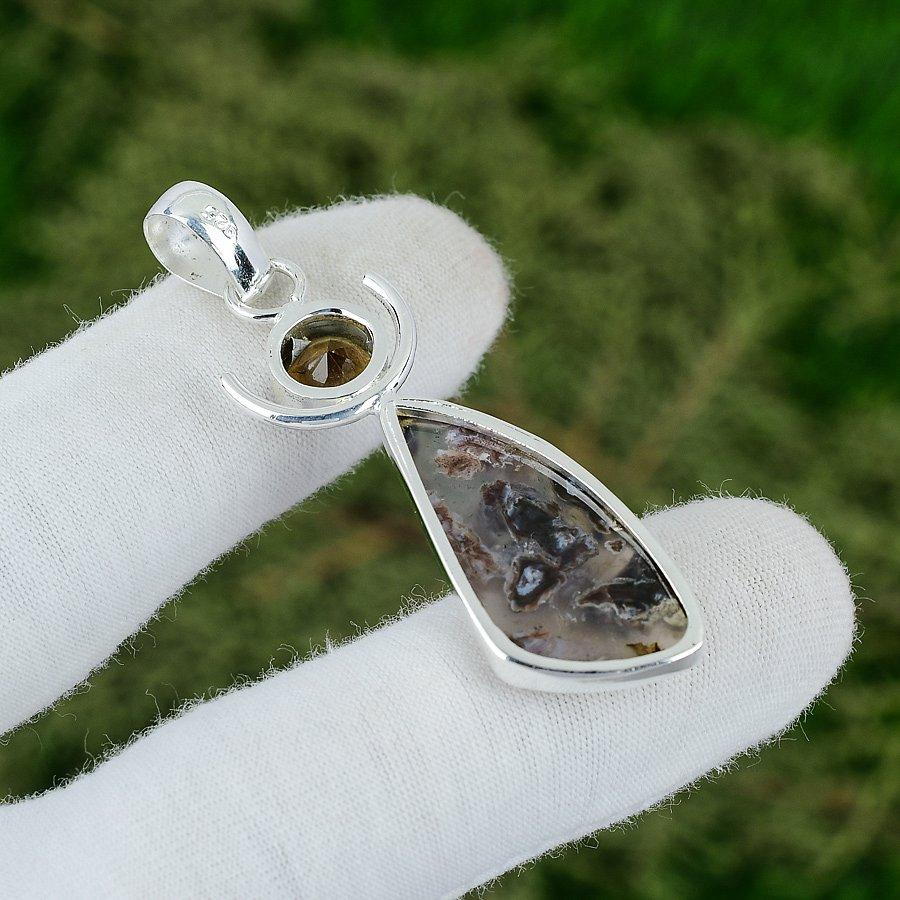 925 Silver Natural Stick Agate Smoky Quartz Unique Handmade Bezel Trendy Pendant