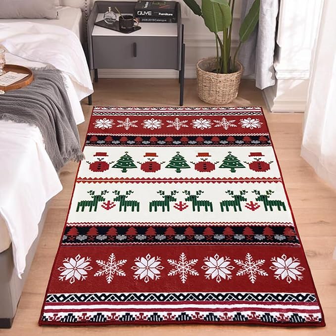 Christmas Carpet Mat Rug Red Green Blue Plaid Design with Gingerbread Man Tree Pattern Soft Floor Mat for Home Decoration