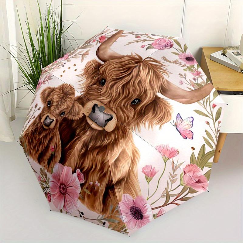 

1pc Big Cow and Small Cow Pattern Automatic Umbrella is Fashionable and Good-Looking, a Portable 3-Fold Umbrella, Suitable for Travel and Da