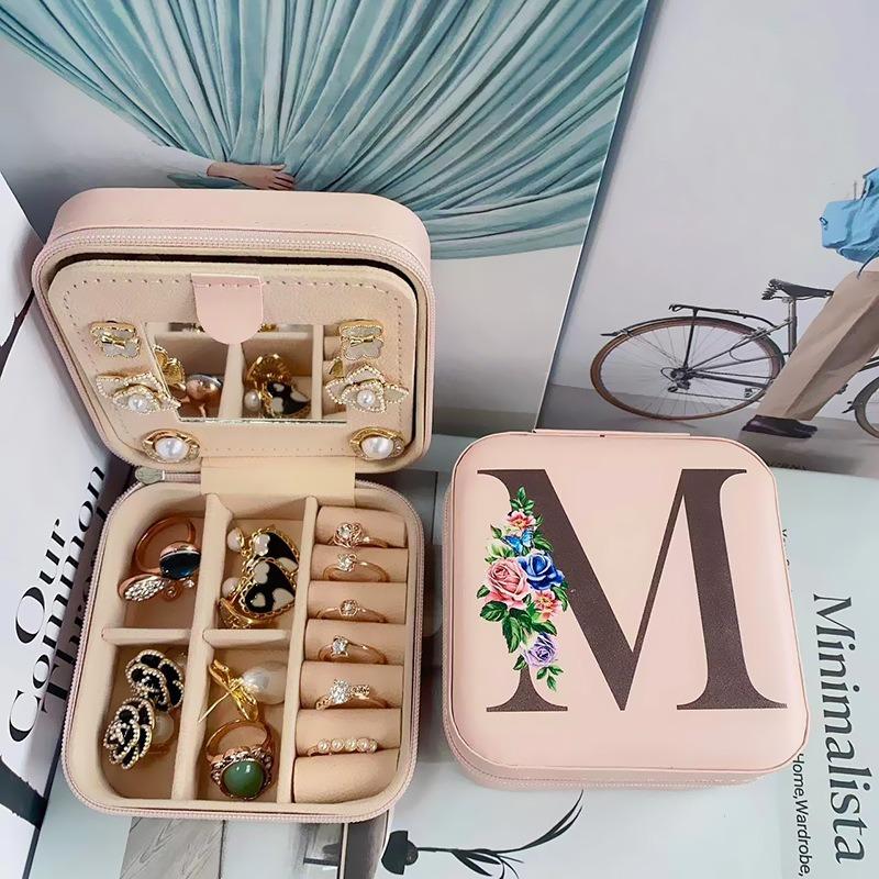 PU Leather Jewelry Box Mirror Storage Box 26 Letter Printed Portable Jewelry Organizer Earring Ring Necklace Case