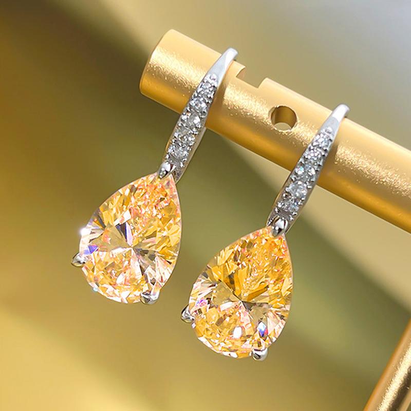 Huitan Pear Pink/Yellow Cubic Zirconia Drop Earrings for Women Silver Color Luxury Wedding Engagement Female Earrings Jewelry