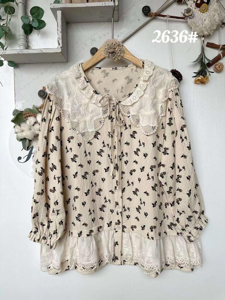 1116 Japanese pastoral age-reducing floral doll collar shirt, Mori girl fresh lace spliced top, spring