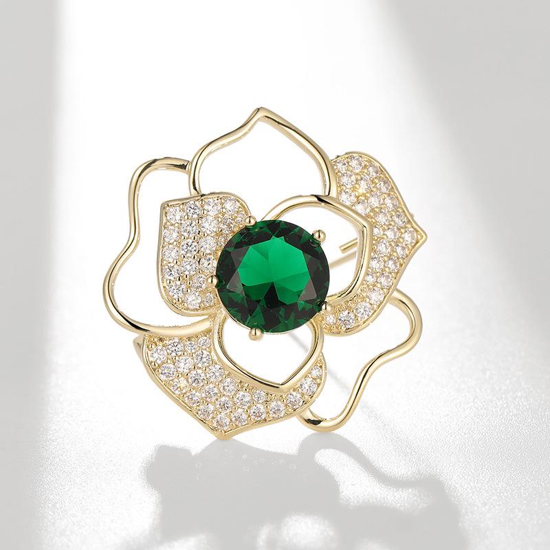 Bo Xin Yun Elegant Green Zirconia Camellia Brooch - French Style Clothing Accessory Pin