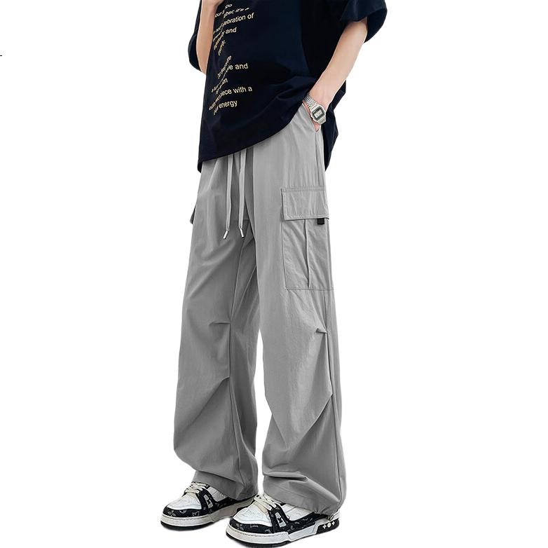 Homlean American-Style Wide-Leg Paratrooper Cargo Pants for Men, Spring Outdoor Sports Versatile Heightening Straight-Leg Trousers KMX05 Black 2XL