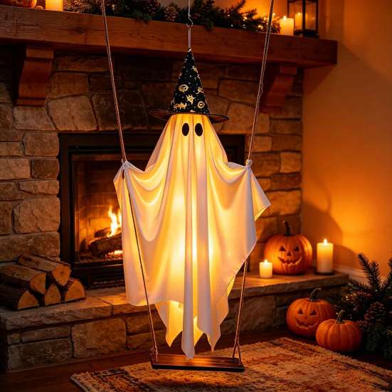 Lighted Spooky Ghost Decor Halloween Swing Hanging Decoration, Witch Hat Ornament with LED Battery Powered String Light, Remote Control Light-up
