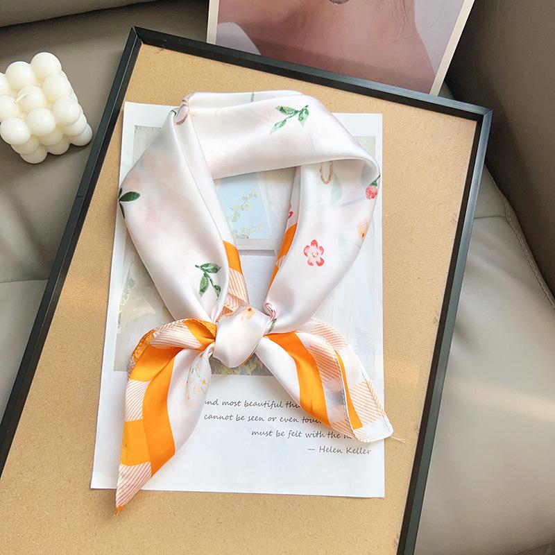 Summer New Floral Printed Silk Scarf Femininity Versatile Fashion Small Square Scarf Korean Atmosphere Neck Protection Small Scarf