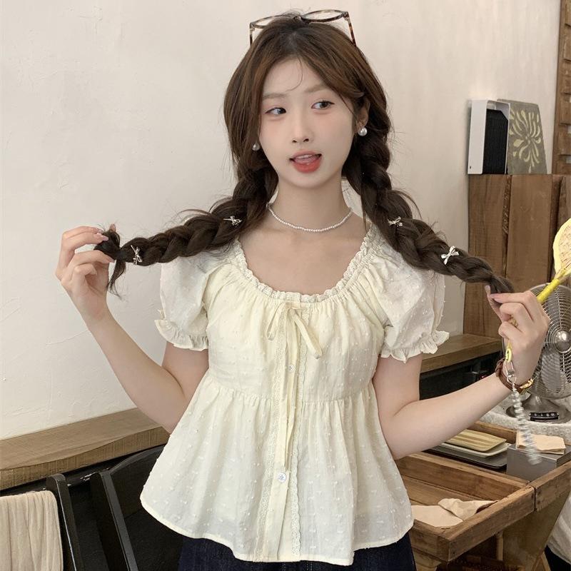 Koreansk Puffärmad Liten Dam Sommarblus - Kort Dockstil Fransk Topp
