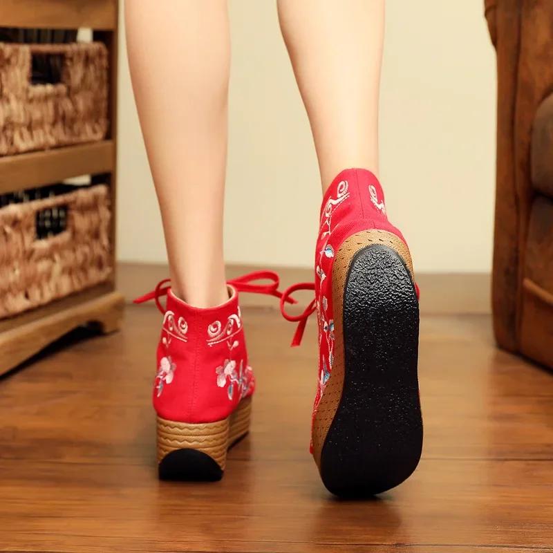 Fashion 2025 New National Style Embroidery Shoes High Heel Fish Mouth Thick Platform Muffin With Cloth Retro Women's Shoes Sandals