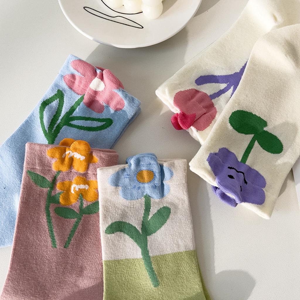 Damen Mid-Tube-Socken Tulpenmuster Baumwollsocken Damen Deodorant Schweißabsorptionssocken Gemischte Farbe 5 Paare Kostenlos