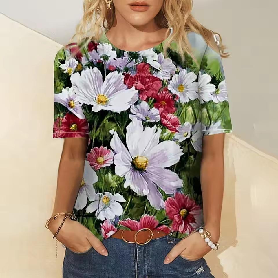 Summer Round Neck 3D Flower Dragonfly Print Top Fashionable Casual Short Sleeved Women's T-shirts