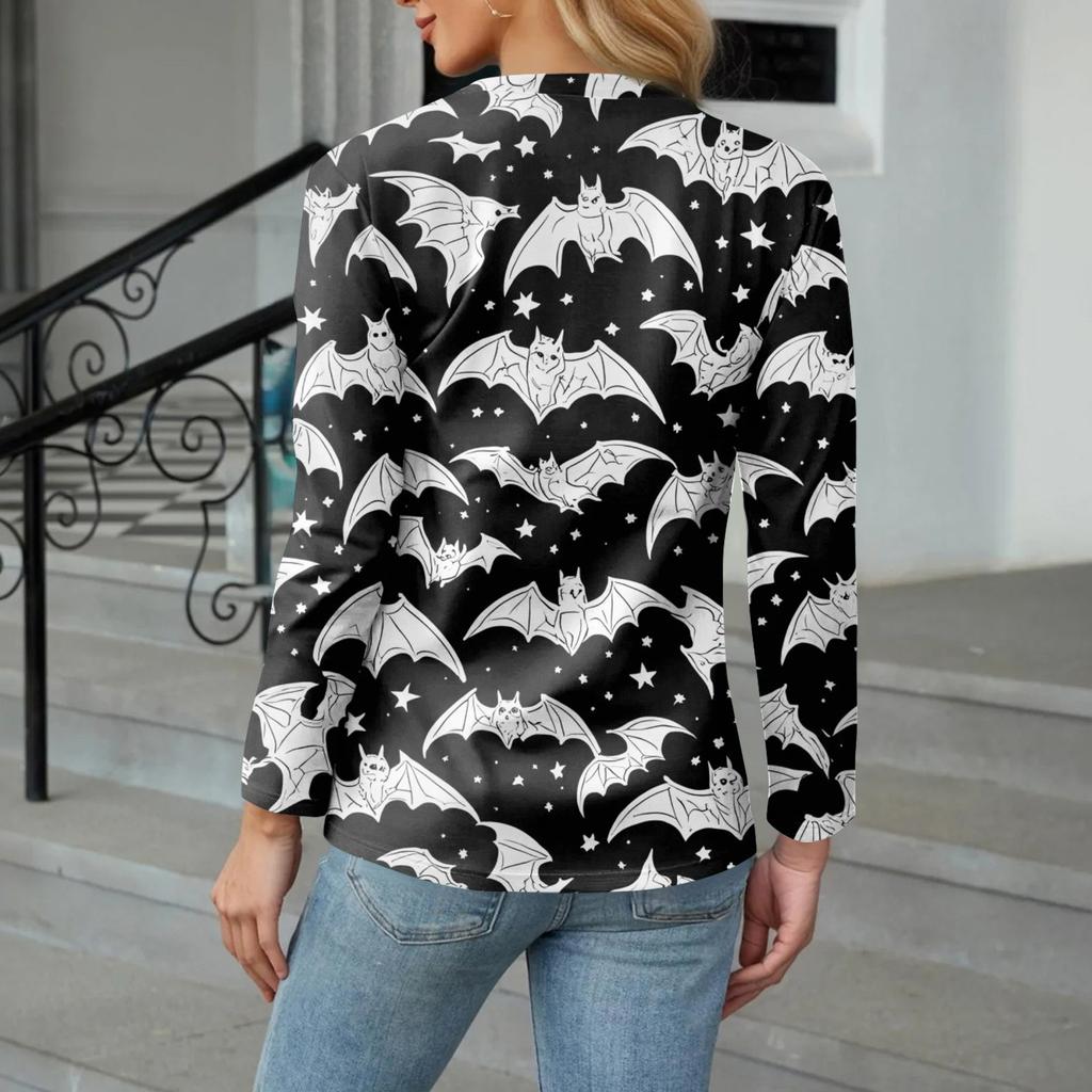 Women's Casual Fashion Sexy Comfort Halloween Printed V-Neck Button Long Sleeve