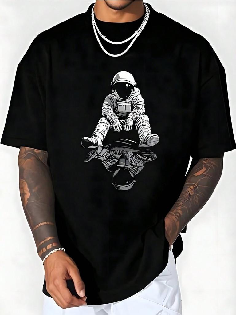 Men's Reflective Astronaut Graphic T-Shirt, Short Sleeve Casual Streetwear Tee