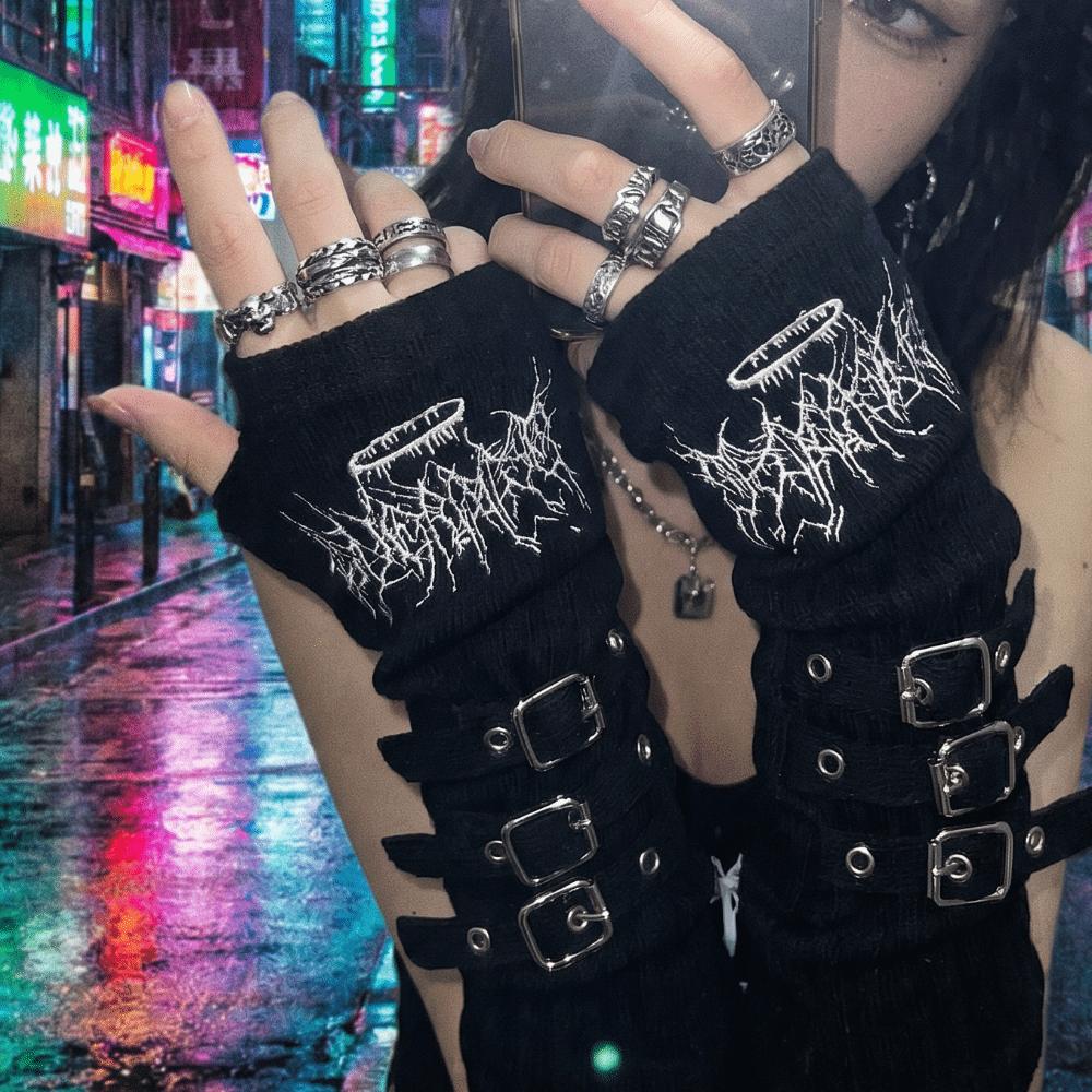 Thorns Pattern Letters Half Finger Arm Warmers Embroidered Design Sun Protection Gloves  Dance