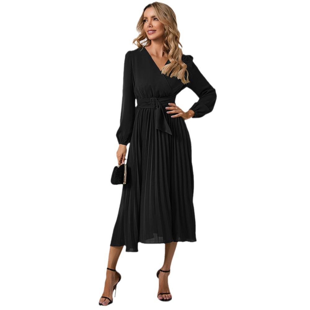 2022 European & American Slim Fit V-Neck A-Line Dress with Belt & Pleated Long Sleeves for Women