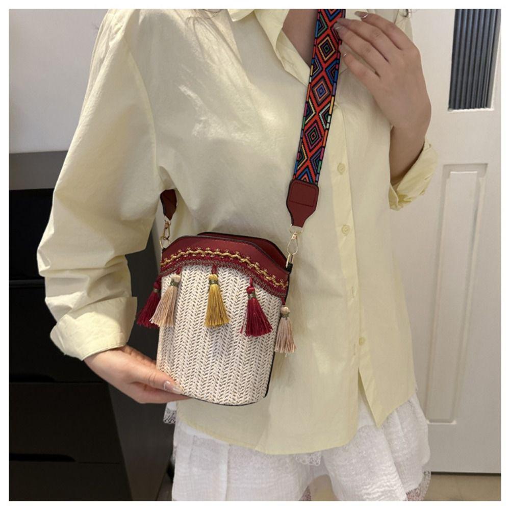

Fringe Ethnic Style Crossbody Bags Large Capacity Tassel Shoulder Bag Weave Straw Bag Women зелений