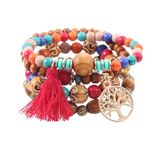 4Pcs Unisex Fashion Wooden Beads Tassel Strand Bangle Bracelet Jewelry Gift