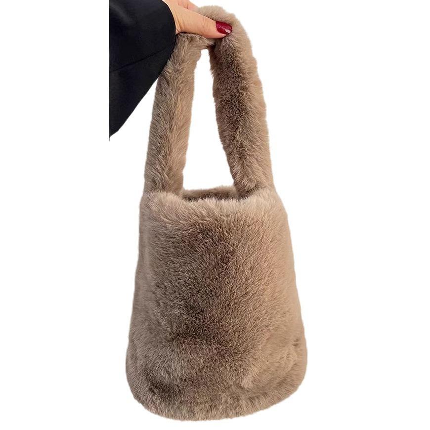 Autumn and Winter New Niche Design Imitation Rabbit Fur Bucket Bag Plush Cute Handheld Imitation Fur Handbag Korean Version