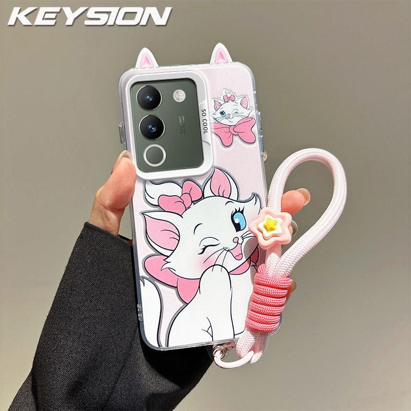 KEYSION Cute Ear Cartoon Case for VIVO V29e 5G with Lanyard Soft Silicone+PC Shockproof Phone Back Cover for VIVO V29e