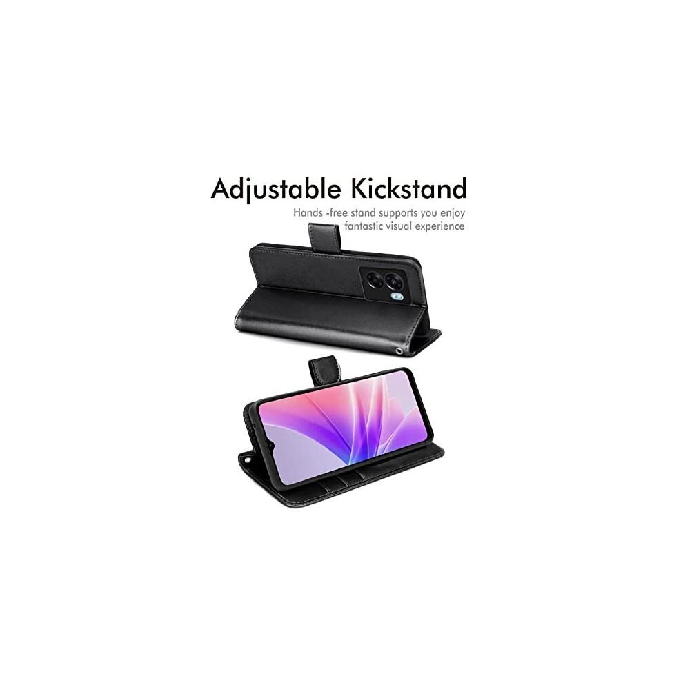 (Schwarz) TECHGEAR Leder Wallet Case für Oppo A57e / A57s / A57 4G, Flip Schutzhülle Cover mit Kartenhalter, Ständer & Handgelenksschlaufe