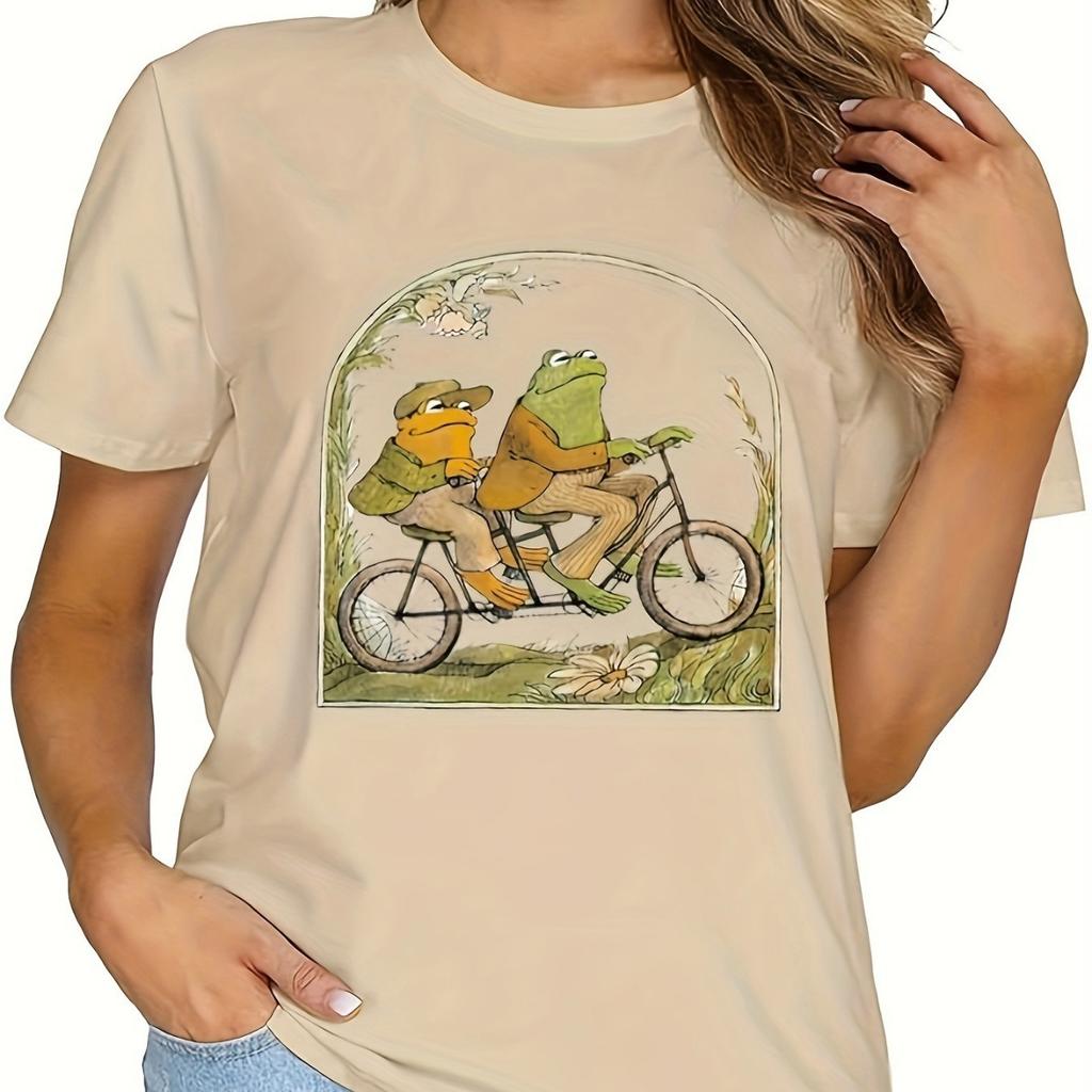 Women's Spring and Summer Frog and Toad Print Casual Loose Round Neck Short-sleeved T-shirt