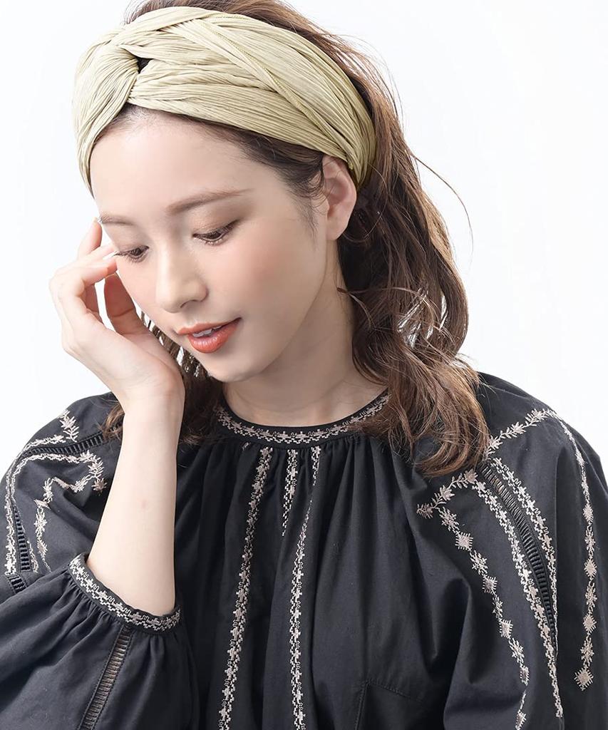 VINGTAINE Pleated Turban Hairband with Ribbon Perfect for Resort or Mature Beige Tie, Updos, HB-116-BE-